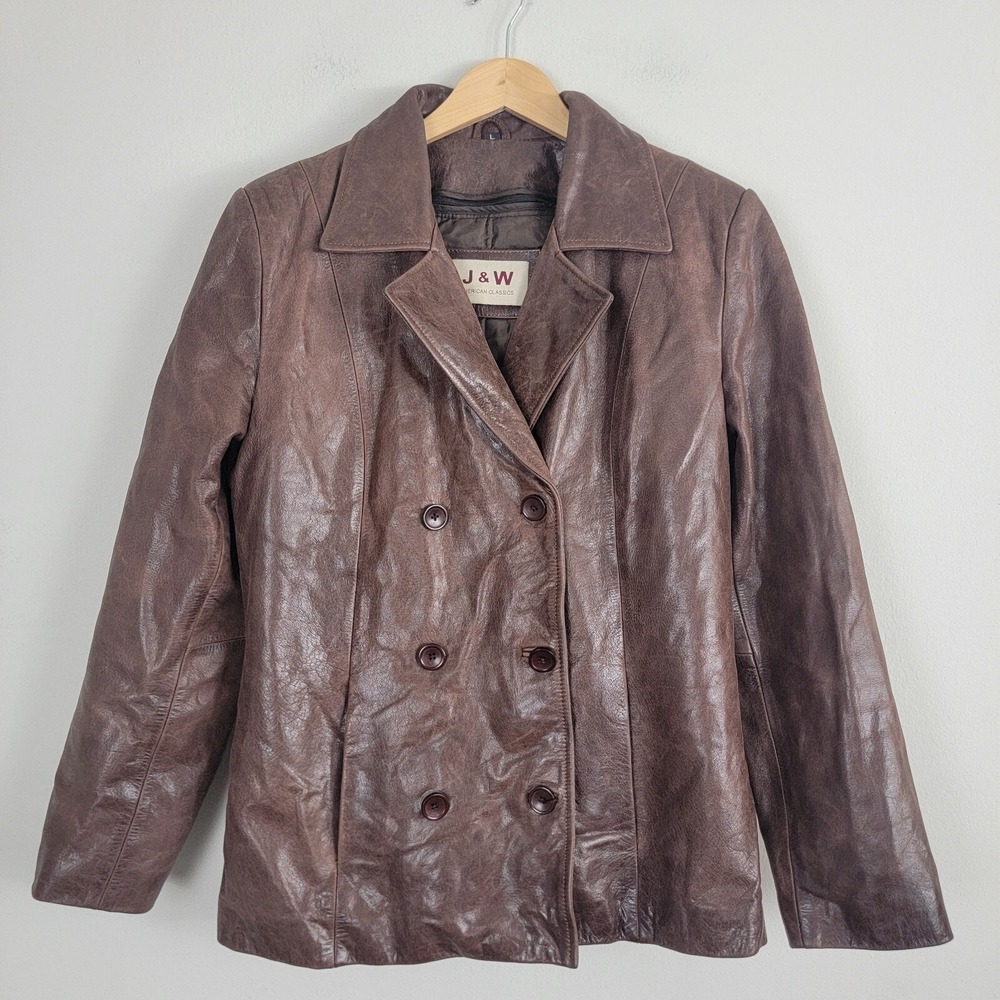 J&W American Classics Leather Jacket Womens L Brown Double Breasted Long Sleeve